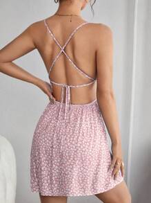 SHEIN PETITE Ditsy Floral Print Criss Cross Tie Backless Cami Short Summer Dress,Pastel Dresses For Women