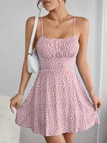 SHEIN PETITE Ditsy Floral Print Criss Cross Tie Backless Cami Short Summer Dress,Pastel Dresses For Women