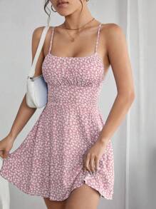 SHEIN PETITE Ditsy Floral Print Criss Cross Tie Backless Cami Short Summer Dress,Pastel Dresses For Women
