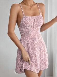 SHEIN PETITE Ditsy Floral Print Criss Cross Tie Backless Cami Short Summer Dress,Pastel Dresses For Women