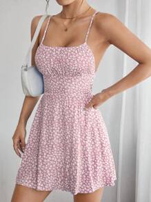 SHEIN PETITE Ditsy Floral Print Criss Cross Tie Backless Cami Short Summer Dress,Pastel Dresses For Women