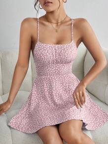 SHEIN PETITE Ditsy Floral Print Criss Cross Tie Backless Cami Short Summer Dress,Pastel Dresses For Women