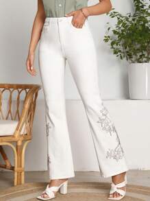 SHEIN Jeans de pierna amplia con diamante de imitación con patrón floral - Blanco - Ver 1