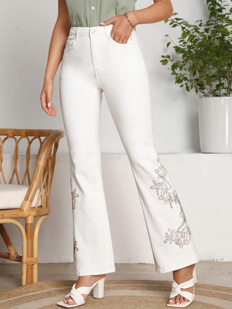SHEIN Jeans de pierna amplia con diamante de imitación con patrón floral - Blanco - Ver 1