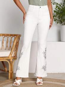 SHEIN Jeans de pierna amplia con diamante de imitación con patrón floral - Blanco - Ver 3
