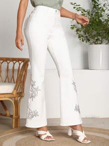 SHEIN Jeans de pierna amplia con diamante de imitación con patrón floral - Blanco - Ver 4