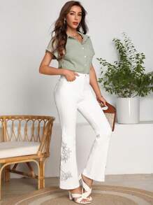 SHEIN Jeans de pierna amplia con diamante de imitación con patrón floral - Blanco - Ver 5