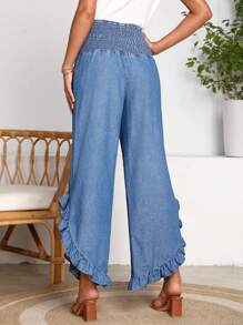 SHEIN 荷葉邊闊腿牛仔褲 - 中等水洗藍 - 查看 2