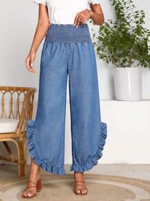 SHEIN 荷葉邊闊腿牛仔褲 - 中等水洗藍 - 查看 4