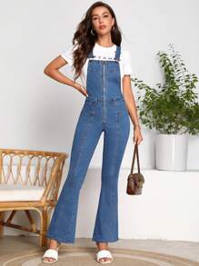 SHEIN LUNE Flare Leg Denim Overalls Without Tee - Medium Wash - View 5