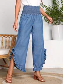 SHEIN 荷葉邊闊腿牛仔褲 - 中等水洗藍 - 查看 5