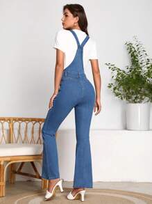 SHEIN LUNE Flare Leg Denim Overalls Without Tee - Medium Wash - View 2
