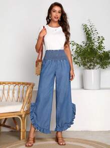SHEIN 荷葉邊闊腿牛仔褲 - 中等水洗藍 - 查看 1