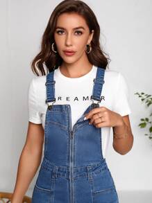 SHEIN LUNE Flare Leg Denim Overalls Without Tee - Medium Wash - View 3