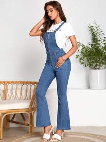 SHEIN LUNE Flare Leg Denim Overalls Without Tee - Medium Wash - View 1