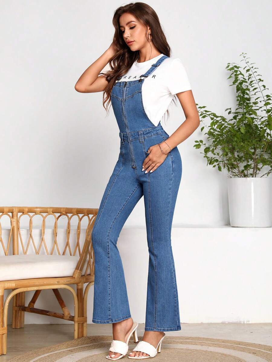SHEIN LUNE Flare Leg Denim Overalls Without Tee - Medium Wash - View 1