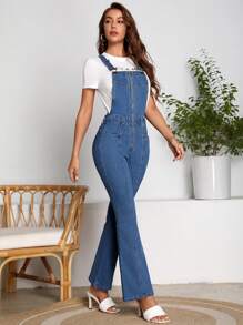 SHEIN LUNE Flare Leg Denim Overalls Without Tee - Medium Wash - View 6