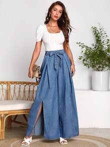 SHEIN LUNE 高衩前繫帶闊腿牛仔褲 - 中等水洗藍 - 查看 1