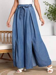 SHEIN LUNE 高衩前繫帶闊腿牛仔褲 - 中等水洗藍 - 查看 5