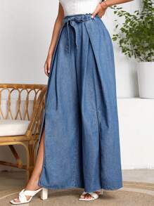 SHEIN LUNE 高衩前繫帶闊腿牛仔褲 - 中等水洗藍 - 查看 6