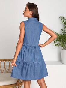 SHEIN LUNE Flap Pocket Button Front Denim Dress - Medium Wash - View 2