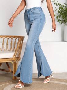 SHEIN LUNE 鈕扣 口袋 開衩 拉鍊純色女士牛仔褲 - 淺色水洗藍 - 查看 4