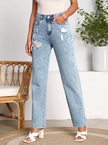 SHEIN LUNE Slant Pocket Ripped Straight Leg Jeans