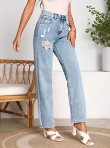 SHEIN LUNE Slant Pocket Ripped Straight Leg Jeans