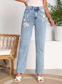 SHEIN LUNE Slant Pocket Ripped Straight Leg Jeans