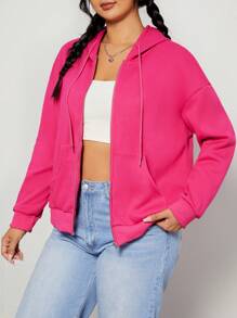 SHEIN EZwear Plus Size Zip Up Drop Shoulder Drawstring Sweatshirt - Hot Pink - View 1