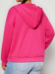 SHEIN EZwear Plus Size Zip Up Drop Shoulder Drawstring Sweatshirt - Hot Pink - View 2