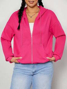 SHEIN EZwear Plus Size Zip Up Drop Shoulder Drawstring Sweatshirt - Hot Pink - View 4