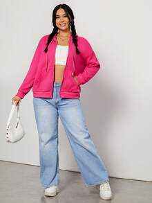 SHEIN EZwear Plus Size Zip Up Drop Shoulder Drawstring Sweatshirt - Hot Pink - View 5