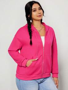 SHEIN EZwear Plus Size Zip Up Drop Shoulder Drawstring Sweatshirt - Hot Pink - View 6