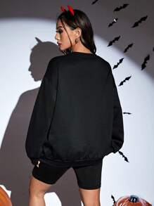SHEIN EZwear 萬聖印花落肩袖運動衫 - 黑色 - 查看 2