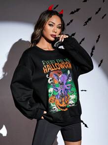 SHEIN EZwear 萬聖印花落肩袖運動衫 - 黑色 - 查看 3