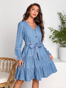SHEIN LUNE Flounce Sleeve Ruffle Hem Belted Denim Dress - Medium Wash - View 3