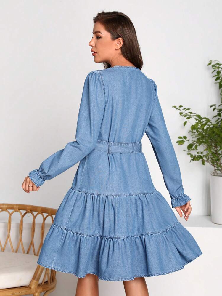 Flounce Sleeve Ruffle Hem Belted Denim Dress