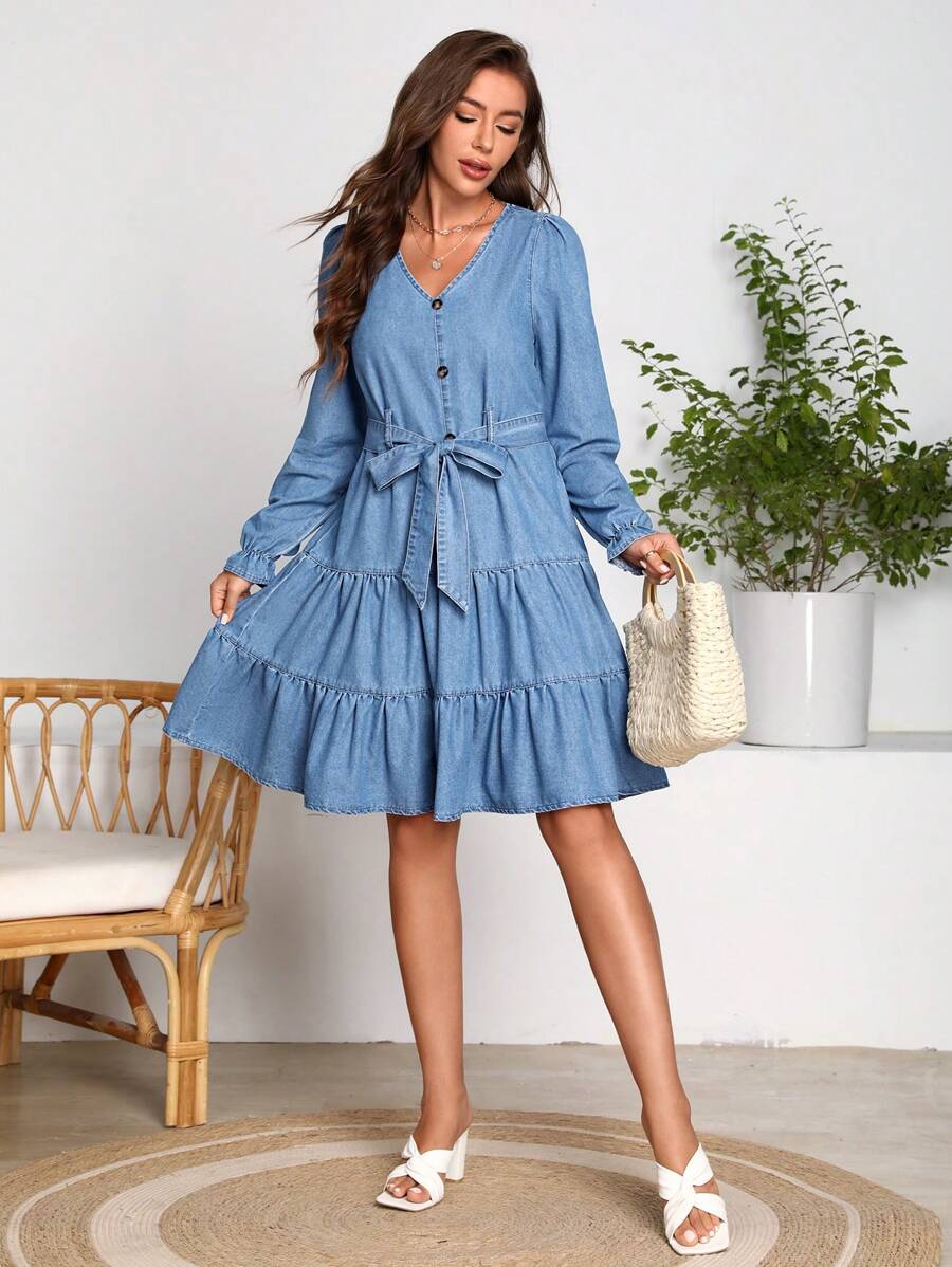 SHEIN LUNE Flounce Sleeve Ruffle Hem Belted Denim Dress - Medium Wash - View 1