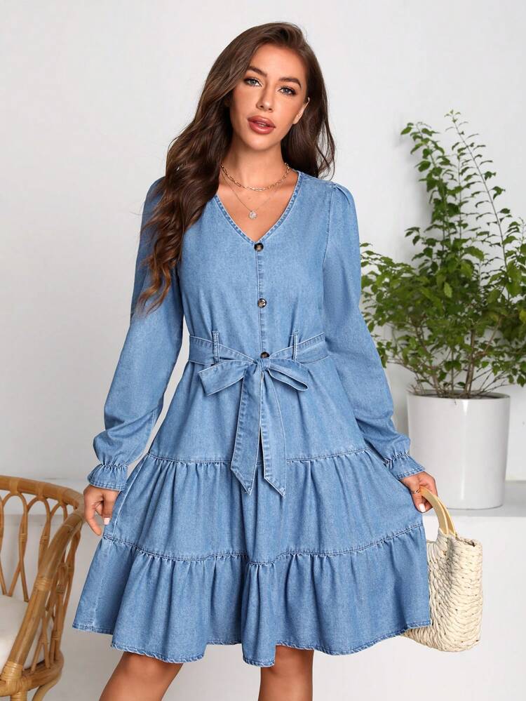 Flounce Sleeve Ruffle Hem Belted Denim Dress