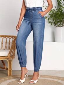 SHEIN LUNE Paperbag Waist Jogger Jeans - Medium Wash - View 4