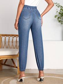 SHEIN LUNE Paperbag Waist Jogger Jeans - Medium Wash - View 2