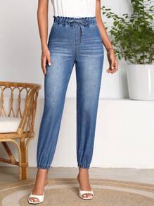 SHEIN LUNE Paperbag Waist Jogger Jeans - Medium Wash - View 3