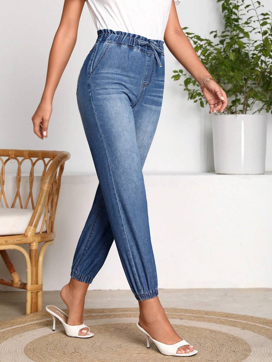 SHEIN LUNE Paperbag Waist Jogger Jeans - Medium Wash - View 1