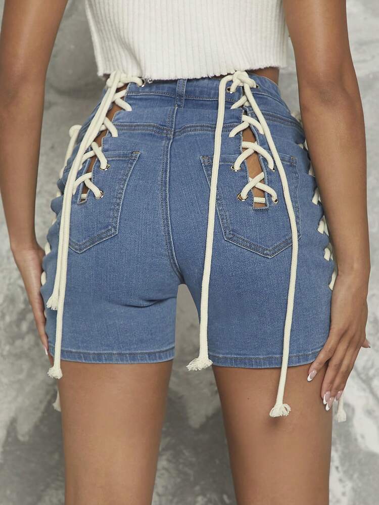 Fashion Lace Up Contrast Denim Shorts