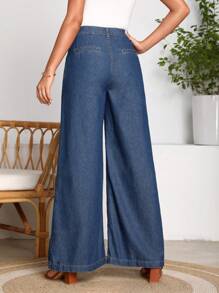 SHEIN LUNE Plicated Detail Wide Leg Jeans - Medium Wash - View 2