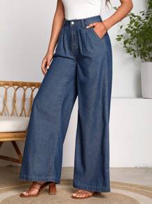 SHEIN LUNE Plicated Detail Wide Leg Jeans - Medium Wash - View 3