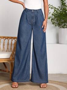 SHEIN LUNE Plicated Detail Wide Leg Jeans - Medium Wash - View 5