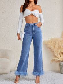 SHEIN Tall High Waist Fuzzy Hem Straight Leg Jeans - Medium Wash - View 1