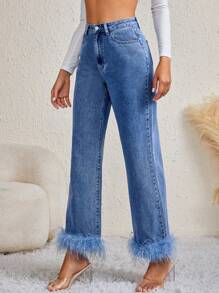 SHEIN Tall High Waist Fuzzy Hem Straight Leg Jeans - Medium Wash - View 3
